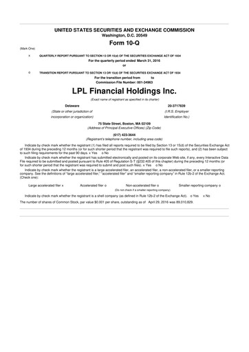 Thumbnail LPL Financial
 10-Q Quarterly Report FY2016 