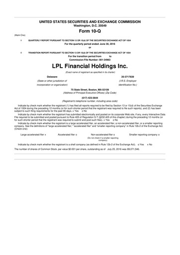 Thumbnail LPL Financial
 10-Q Quarterly Report FY2016 