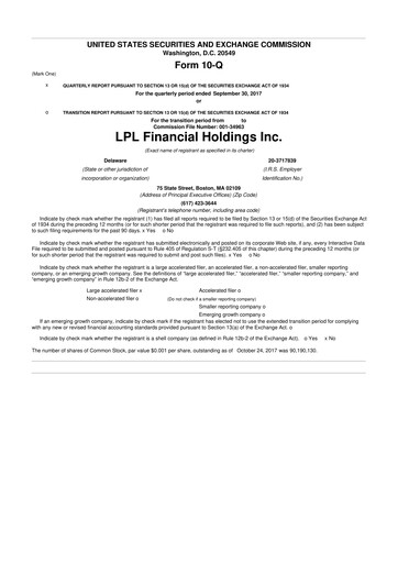 Thumbnail LPL Financial
 10-Q Quarterly Report FY2017 