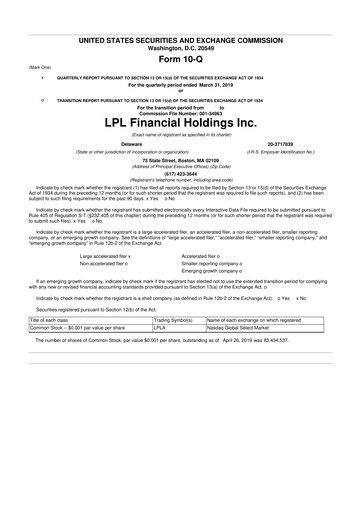 Thumbnail LPL Financial
 10-Q Quarterly Report FY2019 