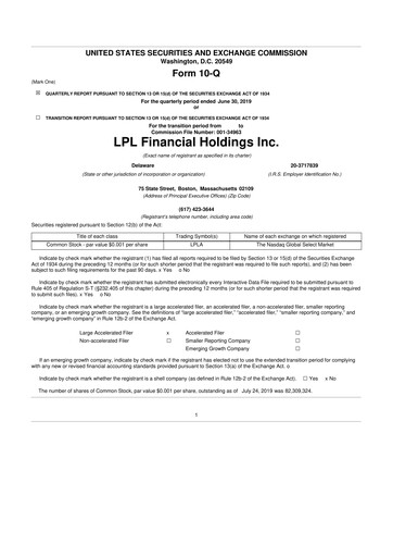 Thumbnail LPL Financial
 10-Q Quarterly Report FY2019 