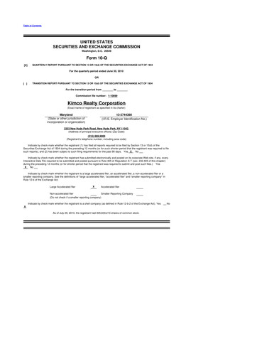 Thumbnail Kimco Realty
 10-Q Quarterly Report FY2010 