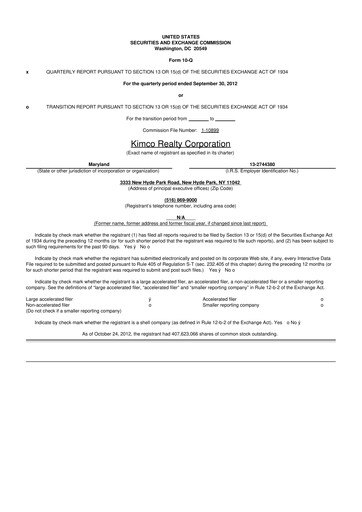Thumbnail Kimco Realty
 10-Q Quarterly Report FY2012 