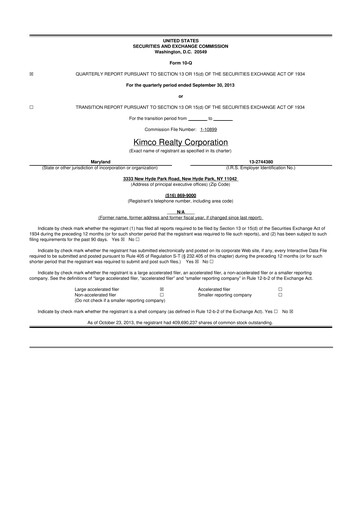 Thumbnail Kimco Realty
 10-Q Quarterly Report FY2013 