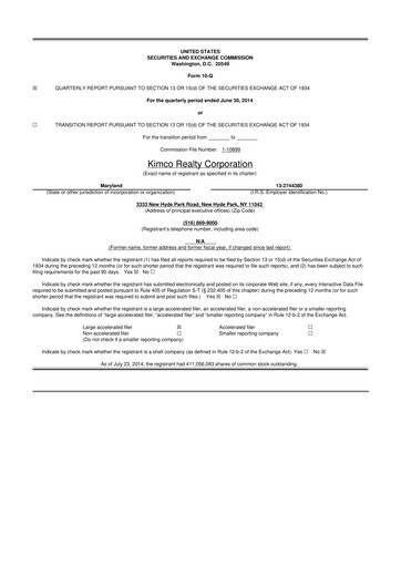 Thumbnail Kimco Realty
 10-Q Quarterly Report FY2014 