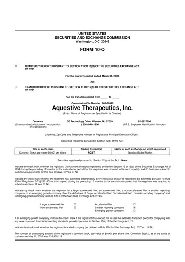 Thumbnail Aquestive Therapeutics
 10-Q Quarterly Report FY 