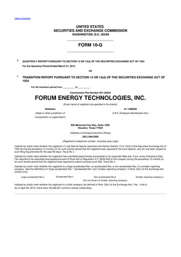 Thumbnail Forum Energy Technologies
 10-Q Quarterly Report FY 