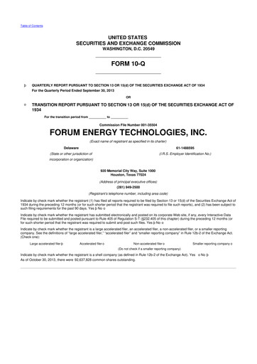 Thumbnail Forum Energy Technologies
 10-Q Quarterly Report FY 