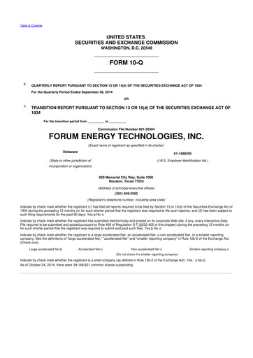 Thumbnail Forum Energy Technologies
 10-Q Quarterly Report FY 