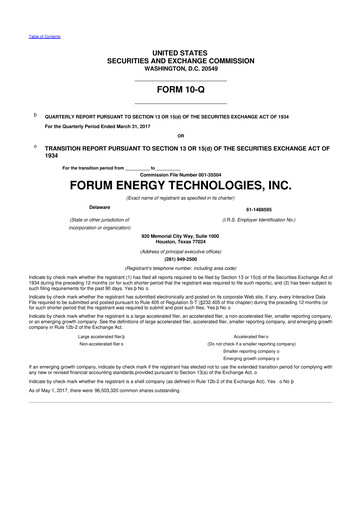 Thumbnail Forum Energy Technologies
 10-Q Quarterly Report FY 