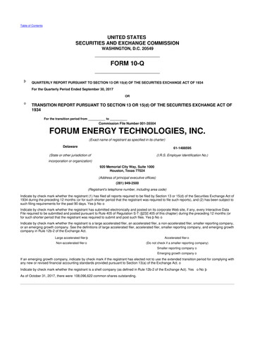 Thumbnail Forum Energy Technologies
 10-Q Quarterly Report FY 