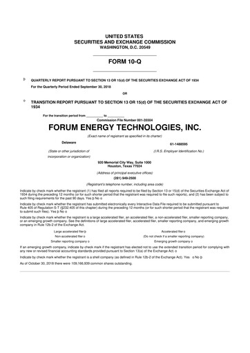 Thumbnail Forum Energy Technologies
 10-Q Quarterly Report FY 