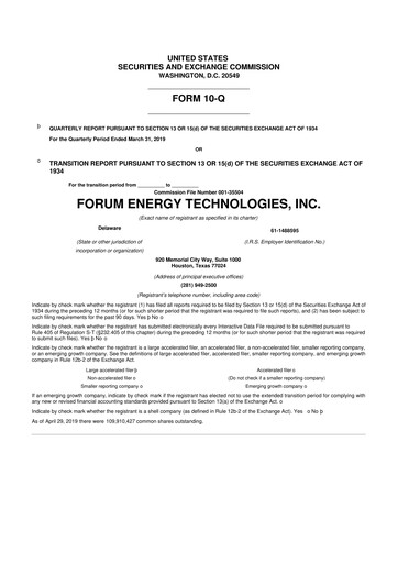 Thumbnail Forum Energy Technologies
 10-Q Quarterly Report FY 