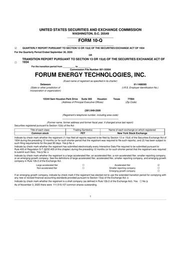 Thumbnail Forum Energy Technologies
 10-Q Quarterly Report FY 