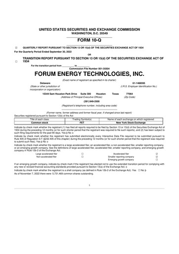 Thumbnail Forum Energy Technologies
 10-Q Quarterly Report FY 