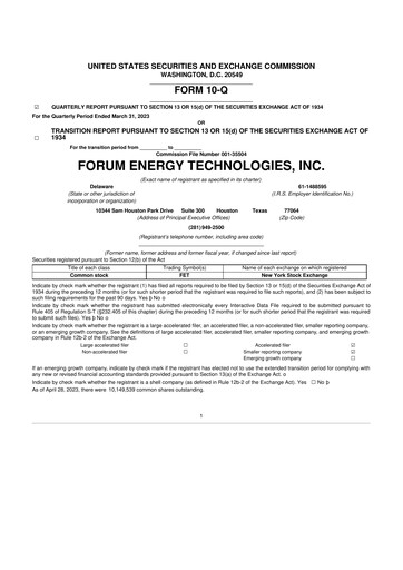 Thumbnail Forum Energy Technologies
 10-Q Quarterly Report FY 