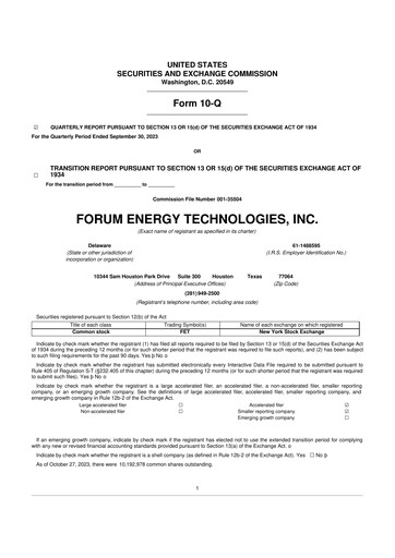 Thumbnail Forum Energy Technologies
 10-Q Quarterly Report FY 