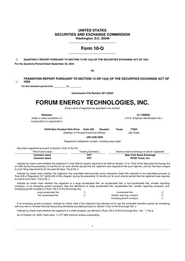 Thumbnail Forum Energy Technologies
 10-Q Quarterly Report FY 