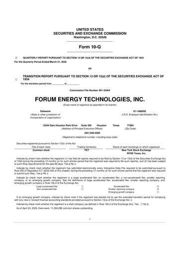 Thumbnail Forum Energy Technologies
 10-Q Quarterly Report FY 