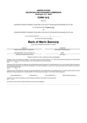 Thumbnail Bank of Marin Bancorp
 10-Q Quarterly Report FY2012 