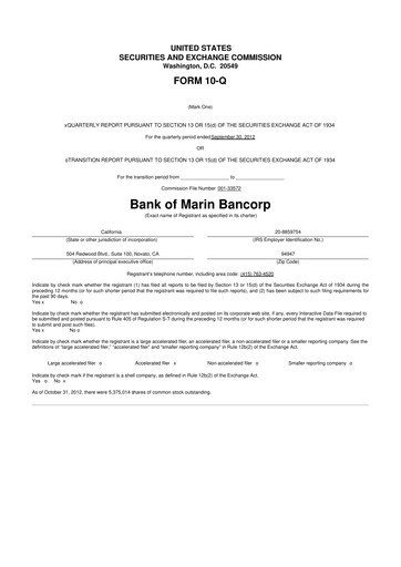 Thumbnail Bank of Marin Bancorp
 10-Q Quarterly Report FY2012 