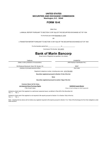 Thumbnail Bank of Marin Bancorp
 10-K Annual Report 2014