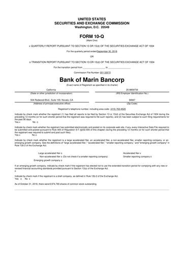 Thumbnail Bank of Marin Bancorp
 10-Q Quarterly Report FY2018 