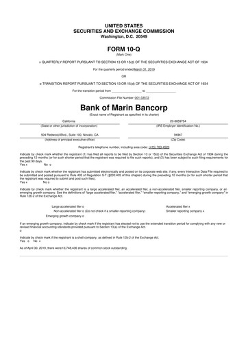 Thumbnail Bank of Marin Bancorp
 10-Q Quarterly Report FY2019 