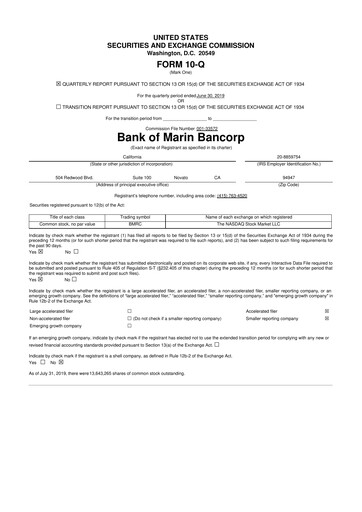 Thumbnail Bank of Marin Bancorp
 10-Q Quarterly Report FY2019 