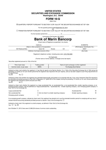 Thumbnail Bank of Marin Bancorp
 10-Q Quarterly Report FY2019 