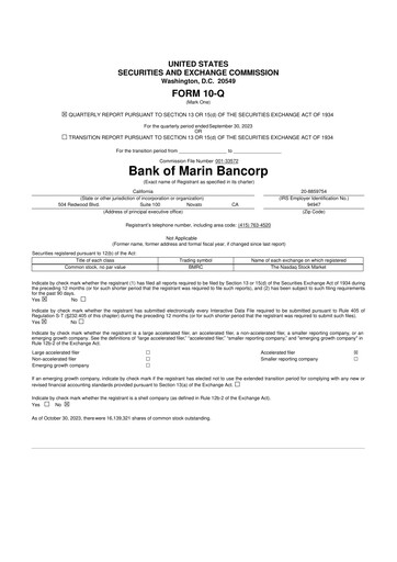 Thumbnail Bank of Marin Bancorp
 10-Q Quarterly Report FY2023 