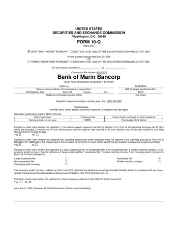 Miniature Bank of Marin Bancorp
 10-Q Rapport trimestriel 2026 