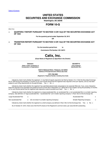 Thumbnail Calix 10-Q Quarterly Report FY2012 
