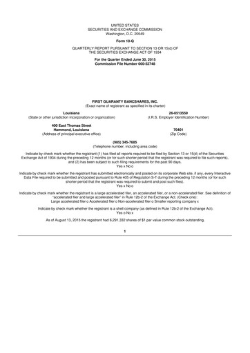 Vorschaubild First Guaranty Bancshares 10-Q Quartalsbericht 2015 