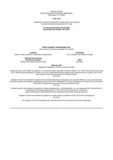 Vorschaubild First Guaranty Bancshares 10-Q Quartalsbericht 2016 