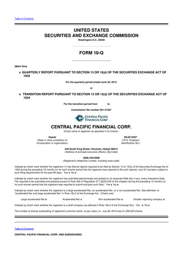 Miniature Central Pacific Financial 10-Q Rapport trimestriel 2015 