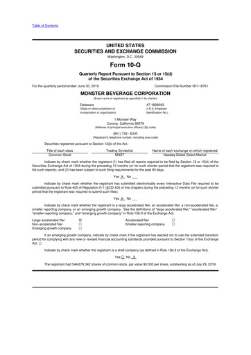 Thumbnail Monster Beverage 10-Q Quarterly Report FY2019 