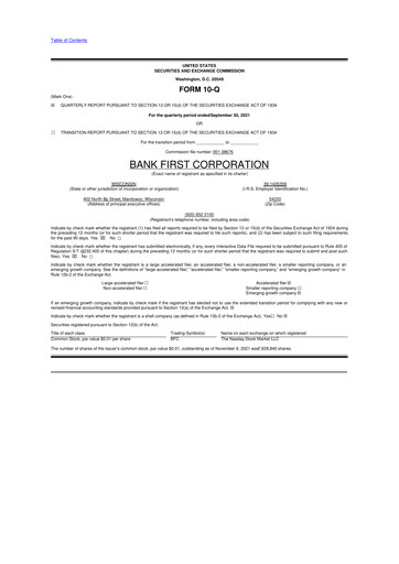 Thumbnail Bank First 10-Q Quarterly Report FY2021 