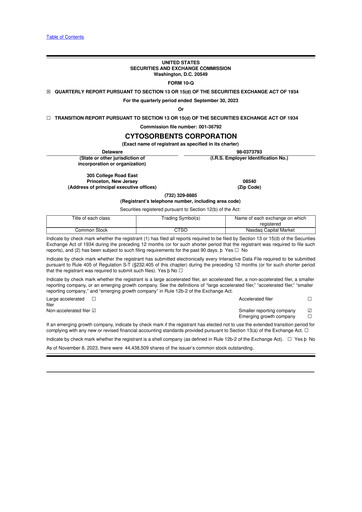 Miniature Cytosorbents 10-Q Rapport trimestriel  