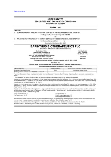 Vorschaubild Barinthus Biotherapeutics 10-Q Quartalsbericht 2023 
