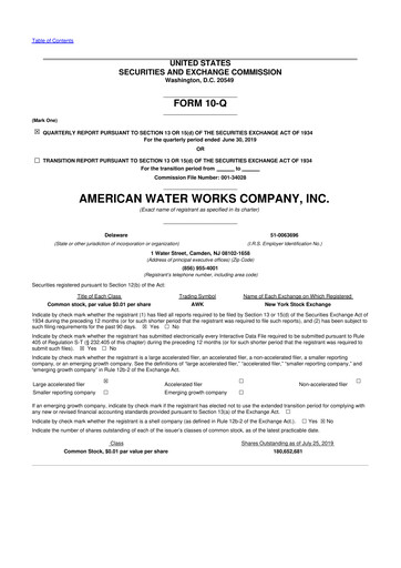 Thumbnail American Water 10-Q Quarterly Report FY2019 