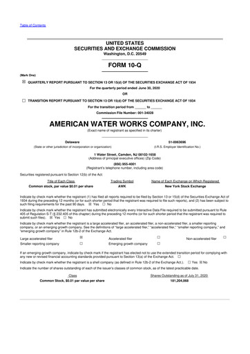 Thumbnail American Water 10-Q Quarterly Report FY2020 