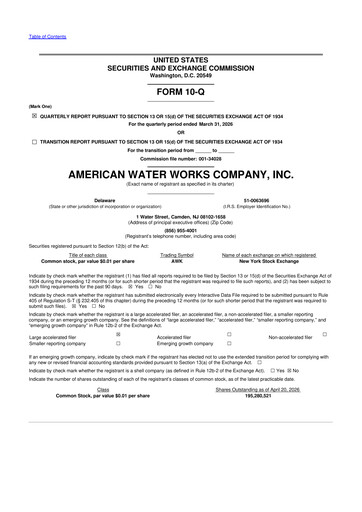 Thumbnail American Water 10-Q Quarterly Report FY 