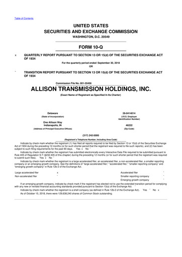 Thumbnail Allison Transmission
 10-Q Quarterly Report FY2018 