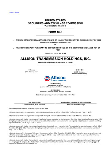 Thumbnail Allison Transmission
 10-K Annual Report 2018