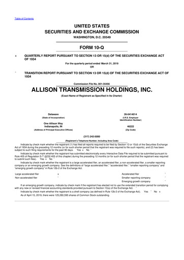 Thumbnail Allison Transmission
 10-Q Quarterly Report FY2019 