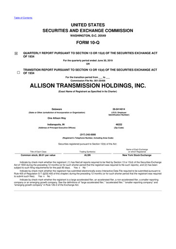 Thumbnail Allison Transmission
 10-Q Quarterly Report FY2019 
