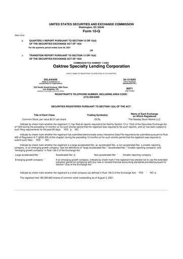 Thumbnail Oaktree Specialty Lending Corporation 10-Q Quarterly Report FY 