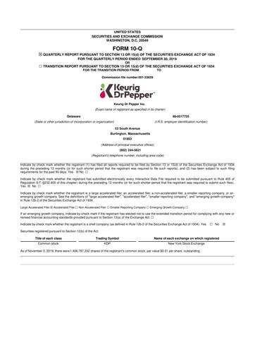 Thumbnail Keurig Dr Pepper 10-Q Quarterly Report FY2019 