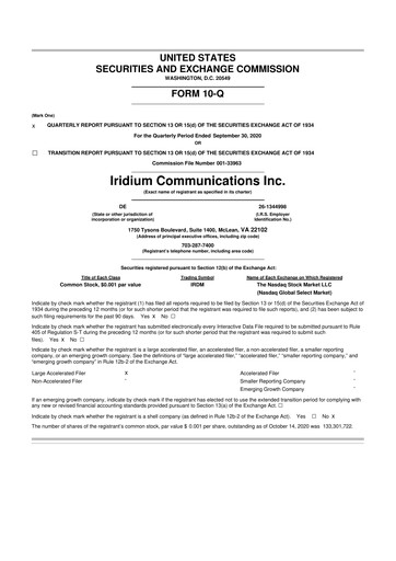 Thumbnail Iridium Communications 10-Q Quarterly Report FY 